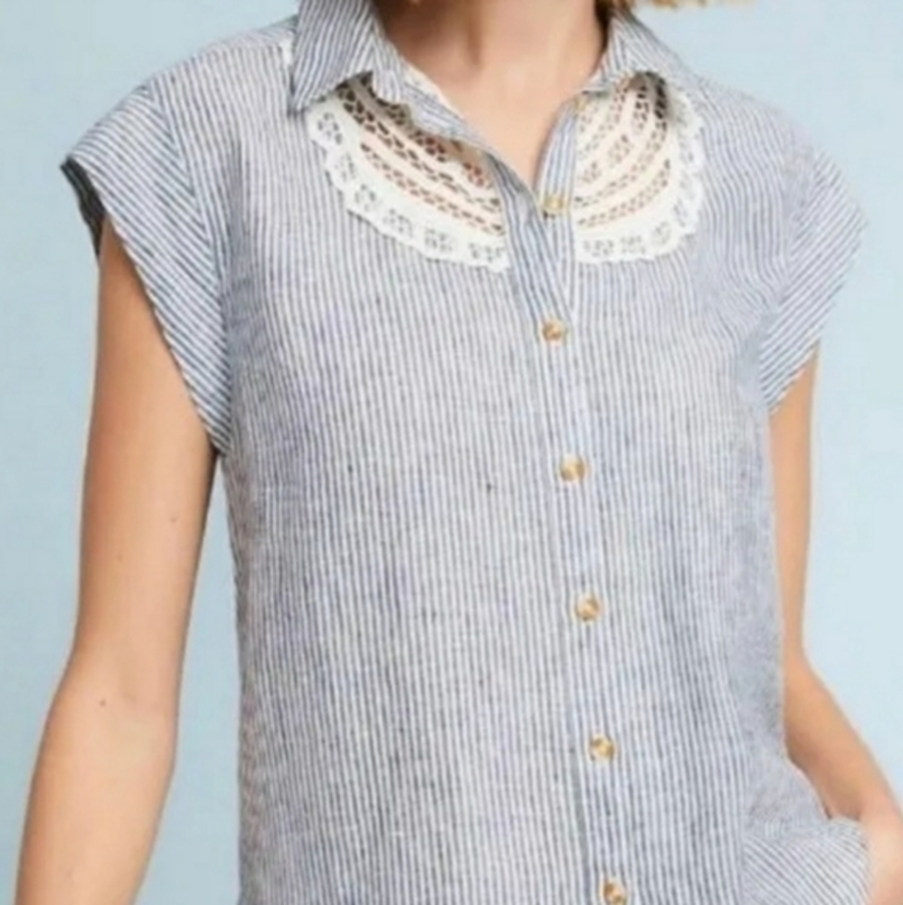 Maeve Anthropologie Womens Linen Camp Shirt Striped Lace Blouse Top Size XS‎